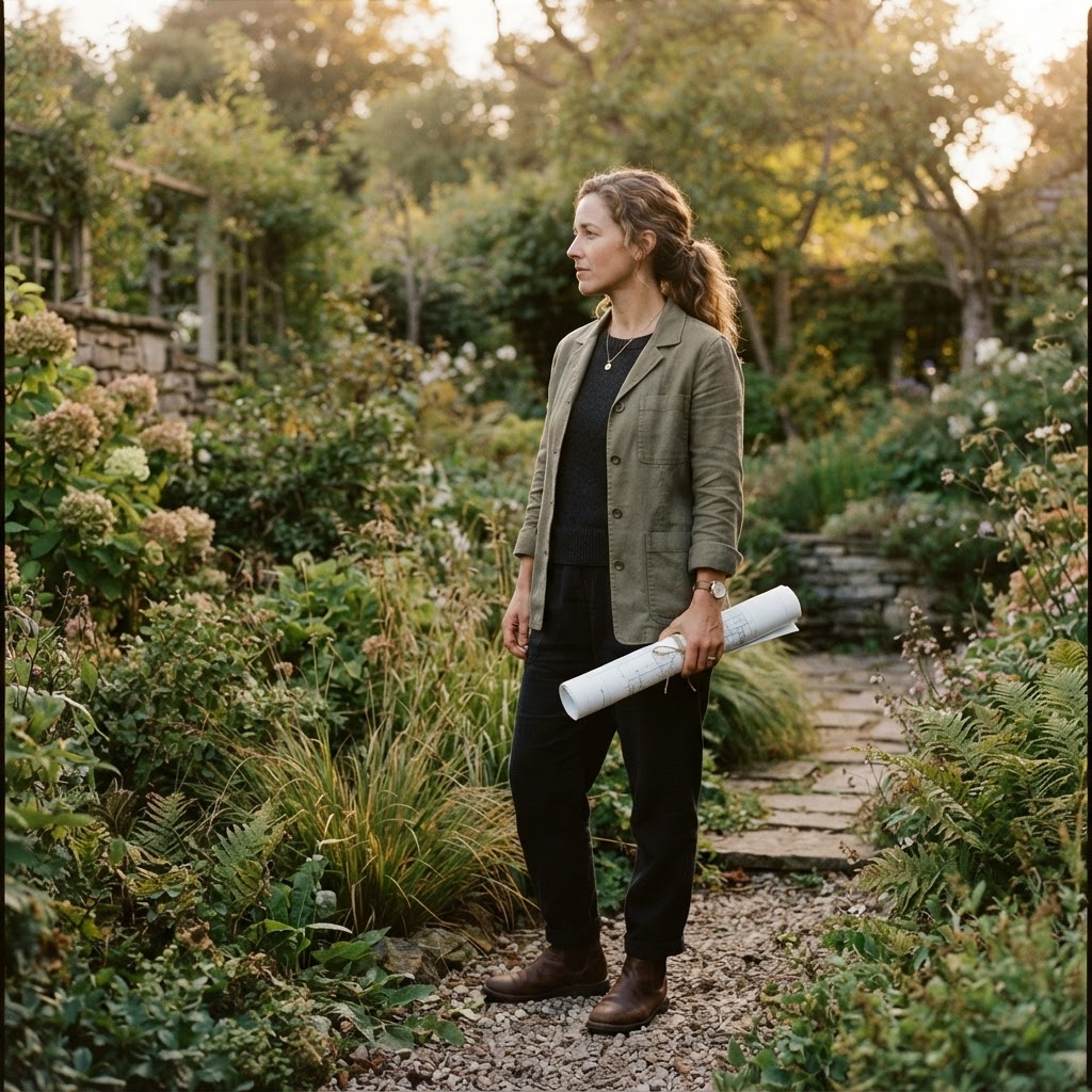 A landscape designer standing in a lush garden at golden hour holding design plans
