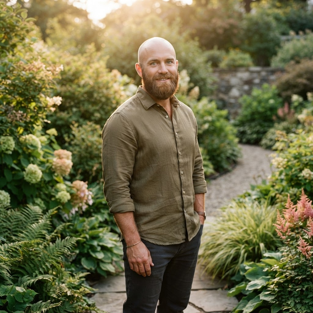 Chad Ploof, founder and lead designer of IpsoTerra, in a garden at golden hour
