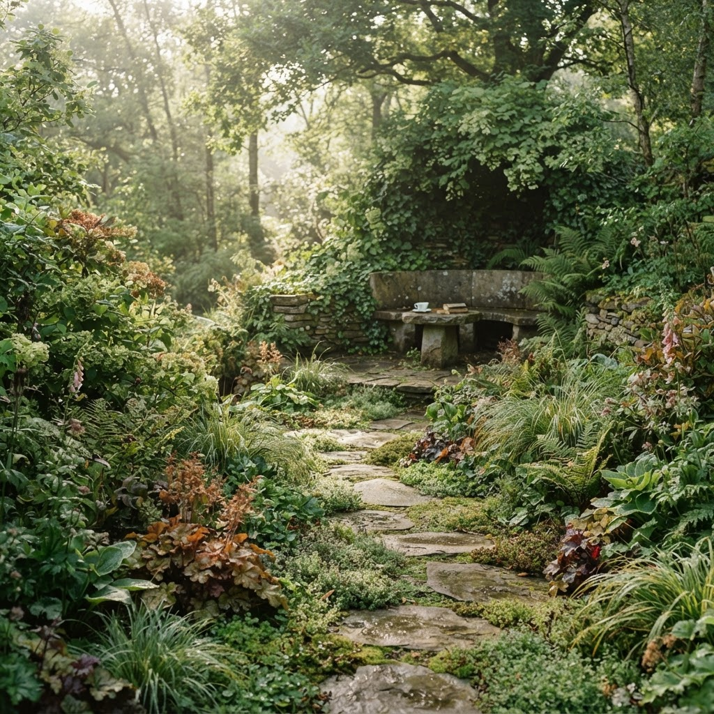 A serene garden path winding through lush native planting toward a stone seating nook