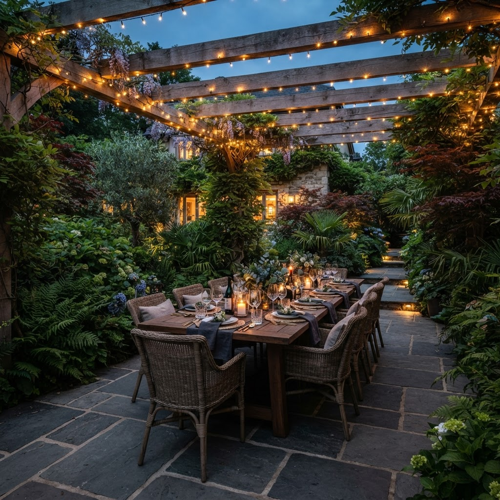 An outdoor patio dining area with pergola and string lights at dusk