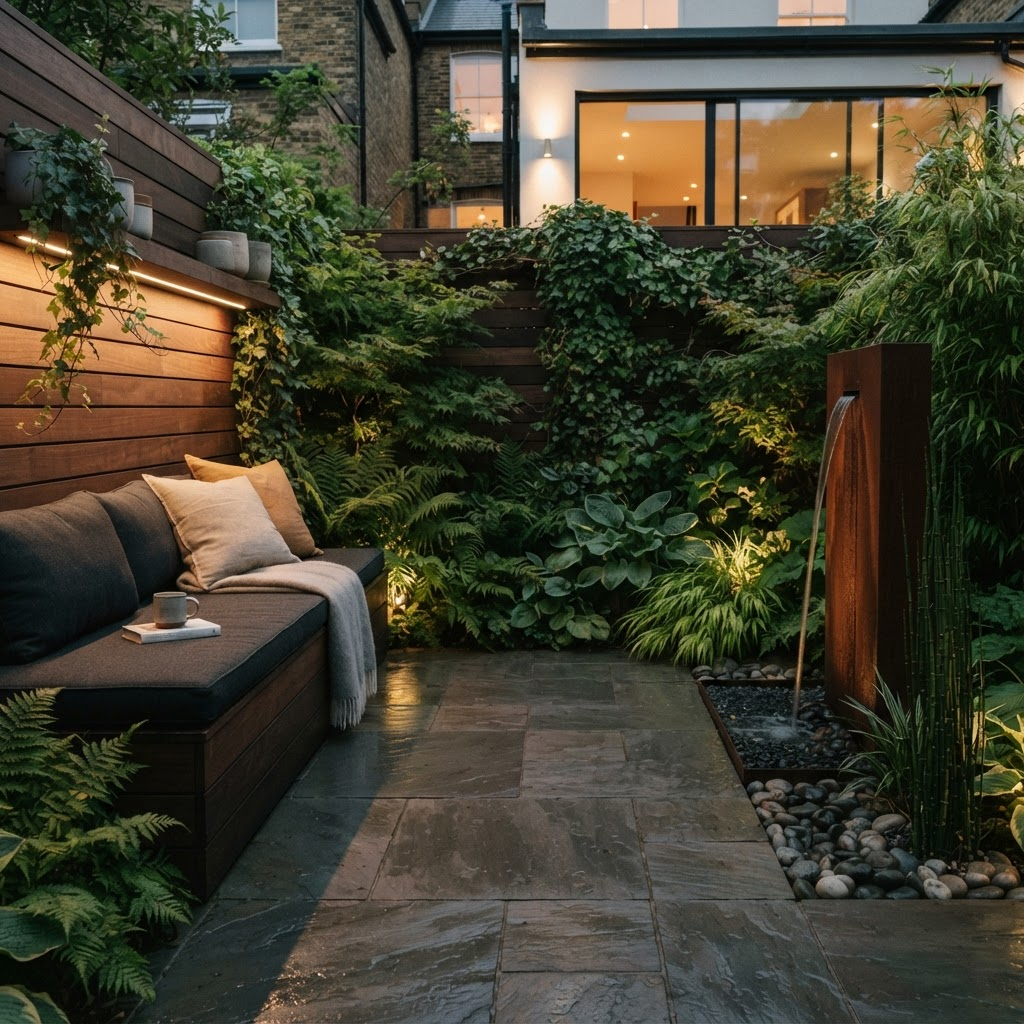 A refined small courtyard garden with stone paving, a built-in bench, and layered greenery